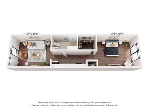 a stylized floor plan with a bedroom and a living room